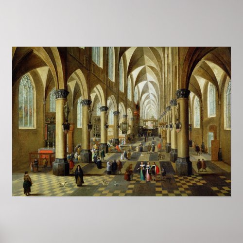 Figures gathered in a Church Interior Poster