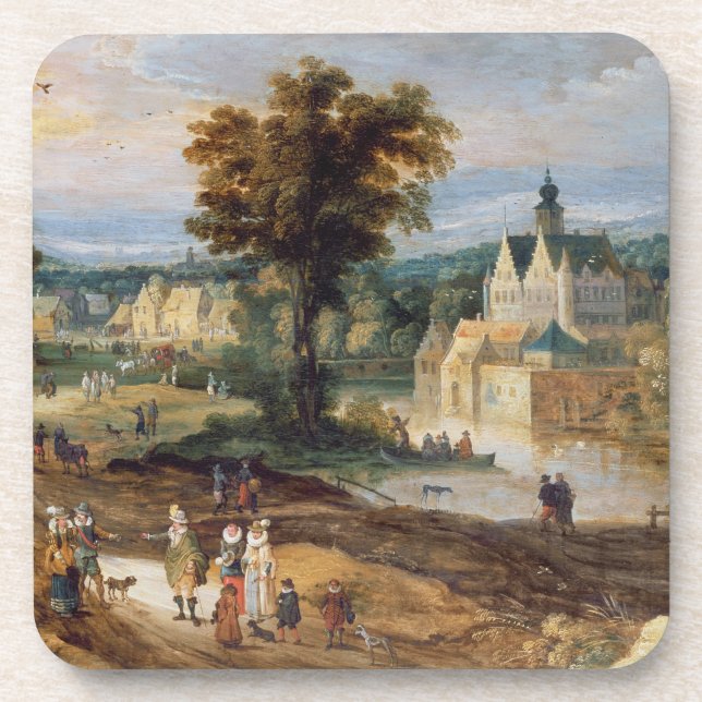 Figures in a landscape with village and castle bey coaster (Front)
