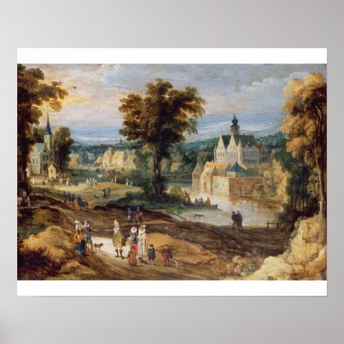 Figures in a landscape with village and castle bey poster