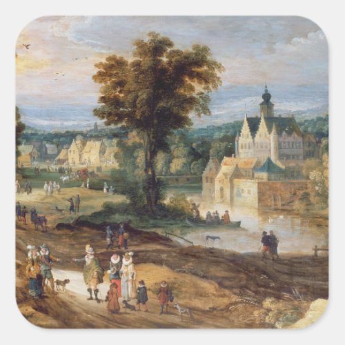 Figures in a landscape with village and castle bey square sticker