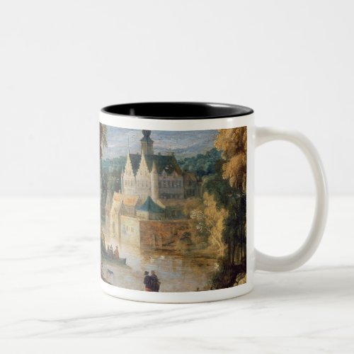 Figures in a landscape with village and castle bey Two_Tone coffee mug