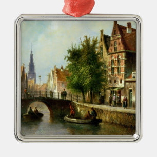 Figures on a Canal, Amsterdam (oil on panel) Metal Ornament