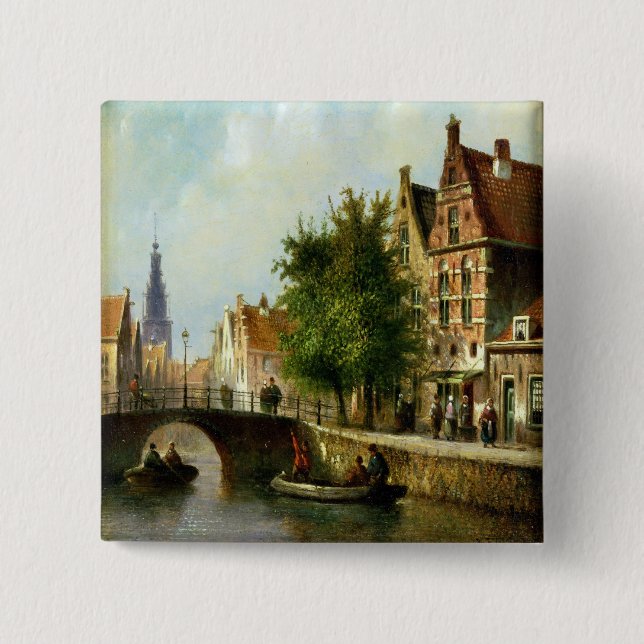 Figures on a Canal, Amsterdam (oil on panel) Pinback Button (Front)