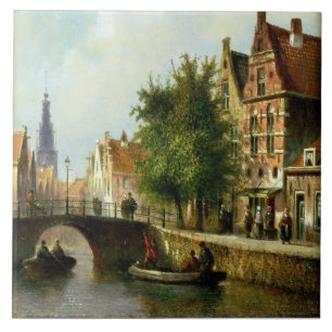 Figures on a Canal, Amsterdam (oil on panel) Tile