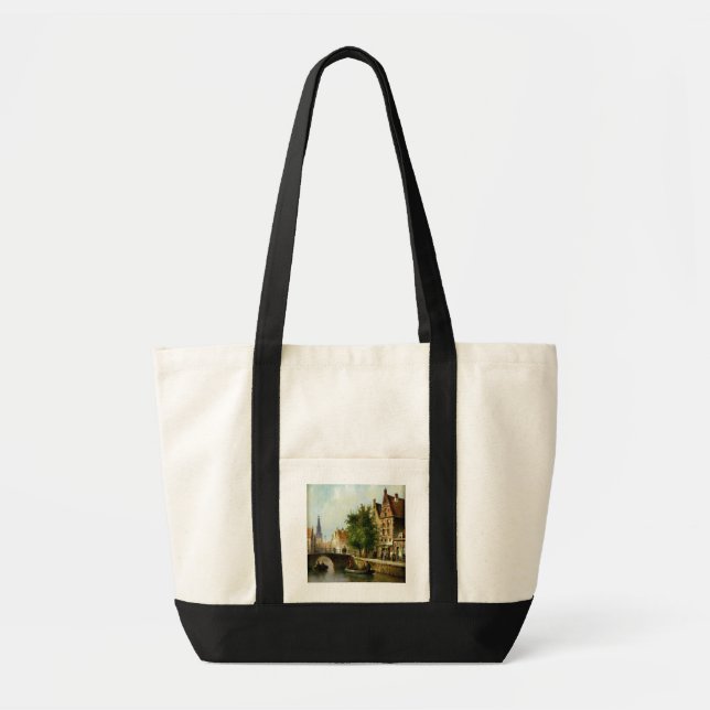 Figures on a Canal, Amsterdam (oil on panel) Tote Bag (Front)