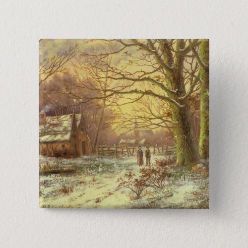 Figures on a path before a village in winter pinback button