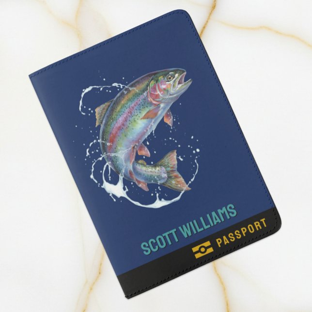 Fiherman Passport, Holiday, Name, Trout Fishing Passport Holder (Rainbow Trout Passport Cover / Fly fishing, name)