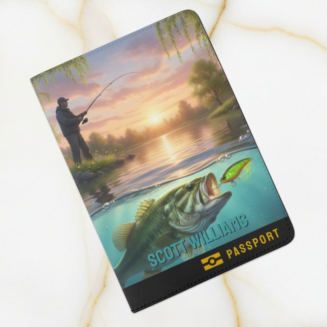 Fiherman Passport, Name, Holiday, Bass Fishing Passport Holder (Fishing Motive Passport Cover / Name)