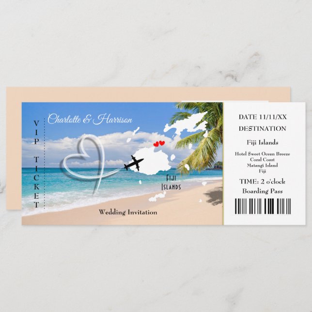 Fiji Destination Wedding Ticket Pass Invitation (Front/Back)