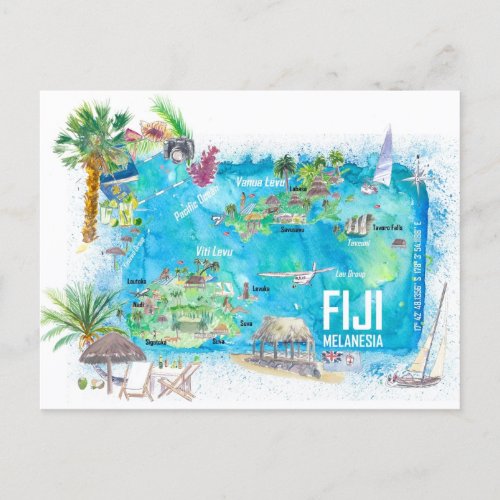 Fiji Illustrated Polynesia Island Travel Map  Postcard