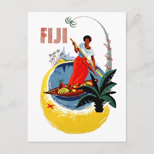 Fiji island man on a small boat postcard