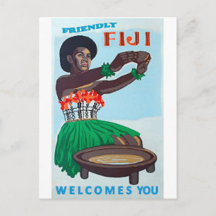 Fiji island, native woman with traditional welcome postcard
