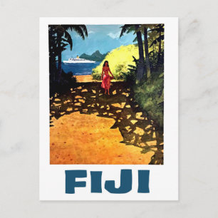 Fiji, woman on the tropic coast and tourist boat postcard