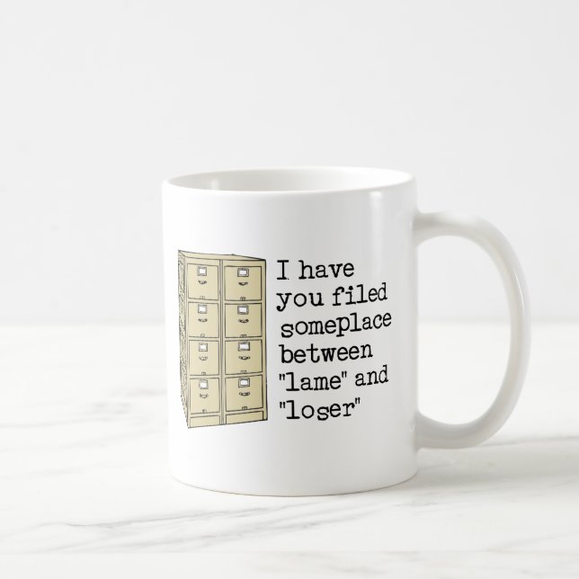 Filed Between Lame and Loser Funny Insult Mug (Right)