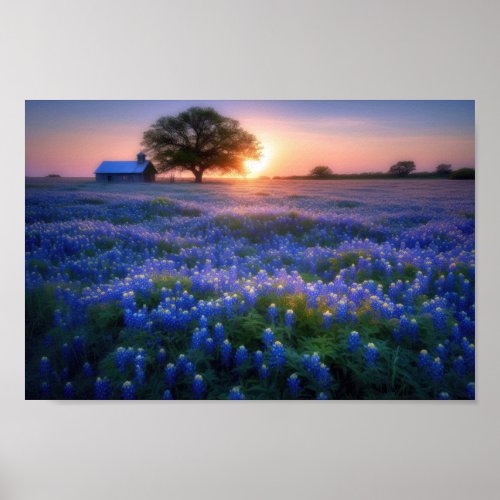 Filed of Bluebonnets at Sunset with Barn and Tree Poster