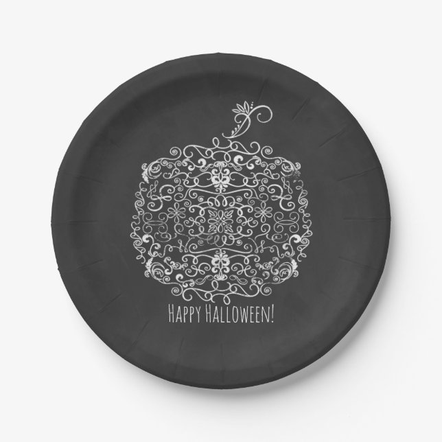 Filigree Chalkboard Fall Pumpkin Autumn Fall Party Paper Plates (Front)