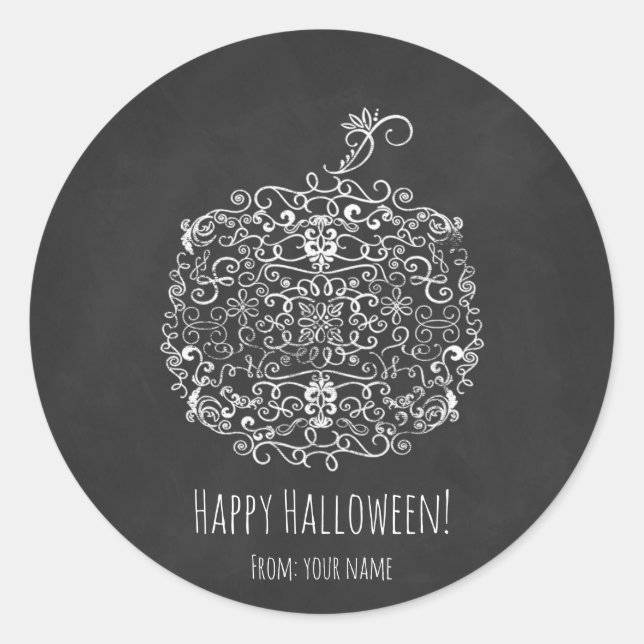 Filigree Chalkboard Fall Pumpkin Halloween Favor Classic Round Sticker (Front)