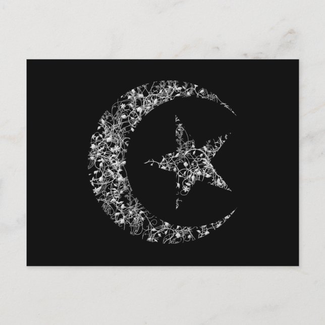Filigree Crescent Moon and Star on Black Postcard (Front)