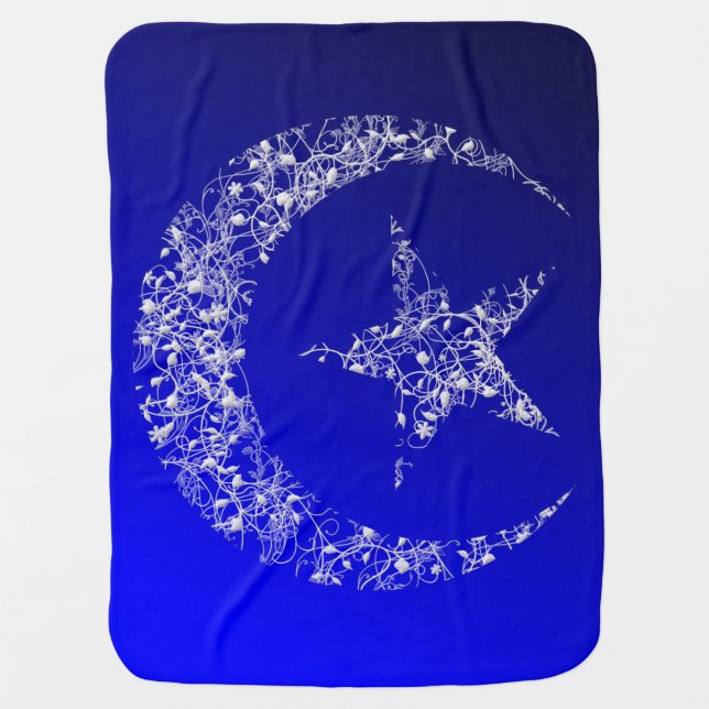 Filigree Crescent Moon and Star on blue Swaddle Blanket (Front)