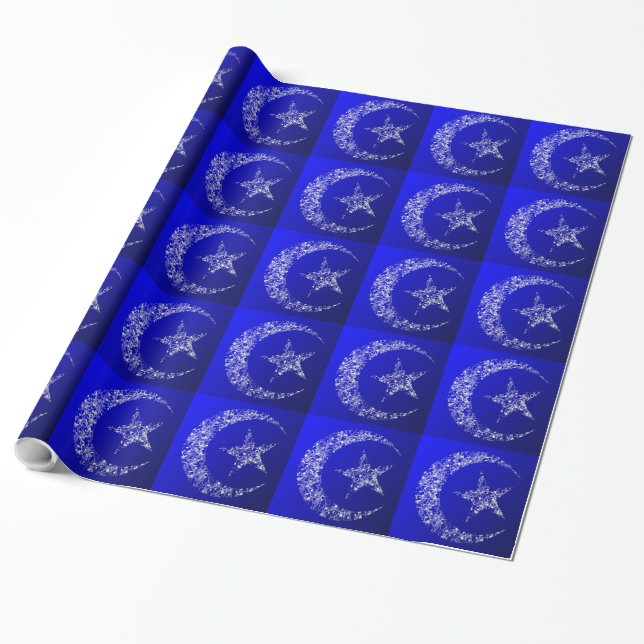 Filigree Crescent Moon and Star on blue Wrapping Paper (Unrolled)