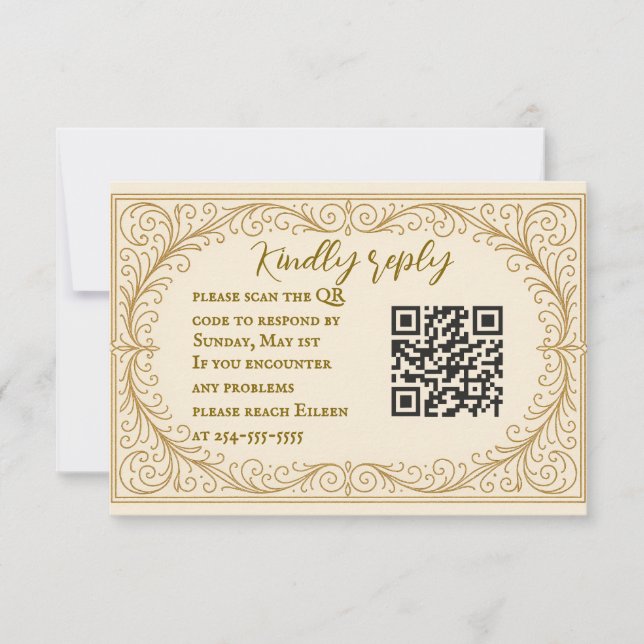 Filigree Fleur QR Code Wedding RSVP Card (Front)