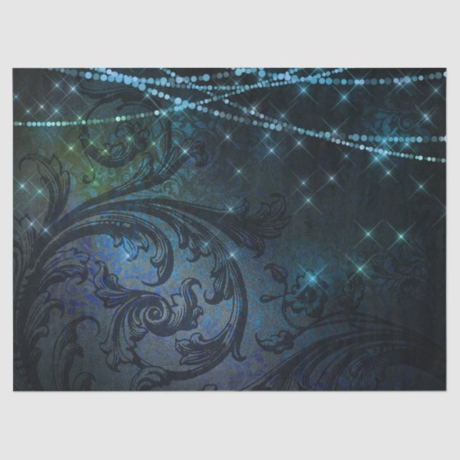 Filigree Flowers and Lights on Dark Decoupage Tissue Paper (Front)