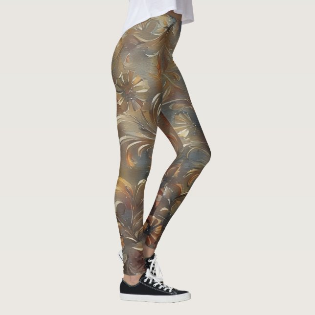 Filigree Flowers Floral Bronze Gray Leggings (Right)
