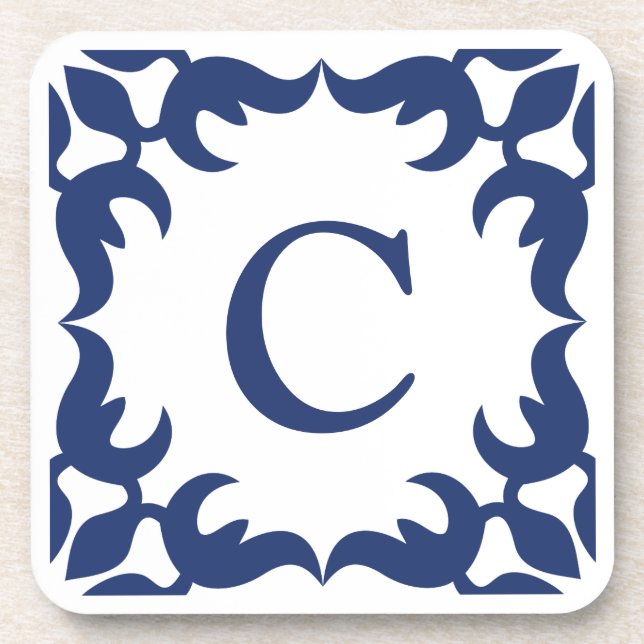 Filigree Framed Monogram in Navy Blue Beverage Coaster (Front)