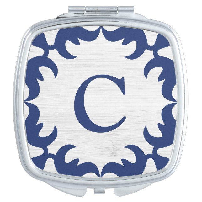 Filigree Framed Monogram in Navy Blue Compact Mirror (Front)