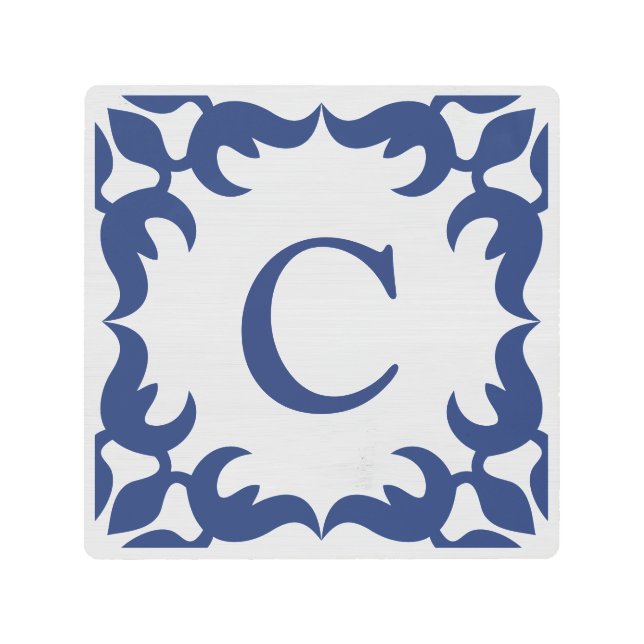 Filigree Framed Monogram in Navy Blue Metal Print (Front)