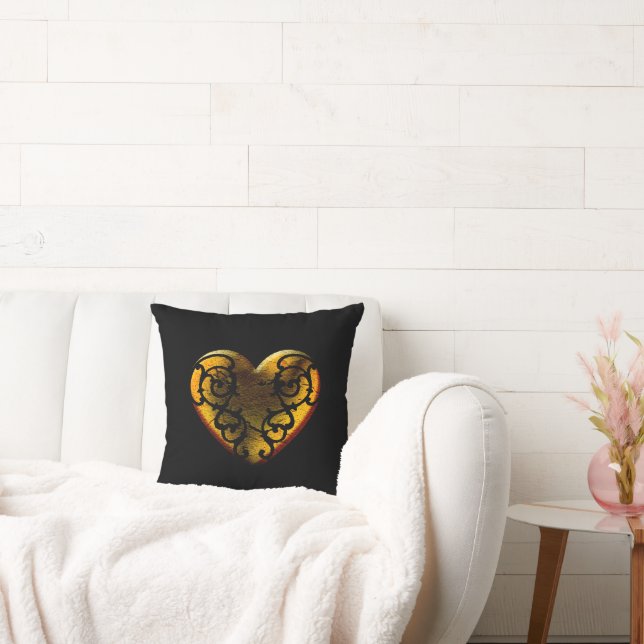 Filigree Goth Gold Heart Throw Pillow (Couch)