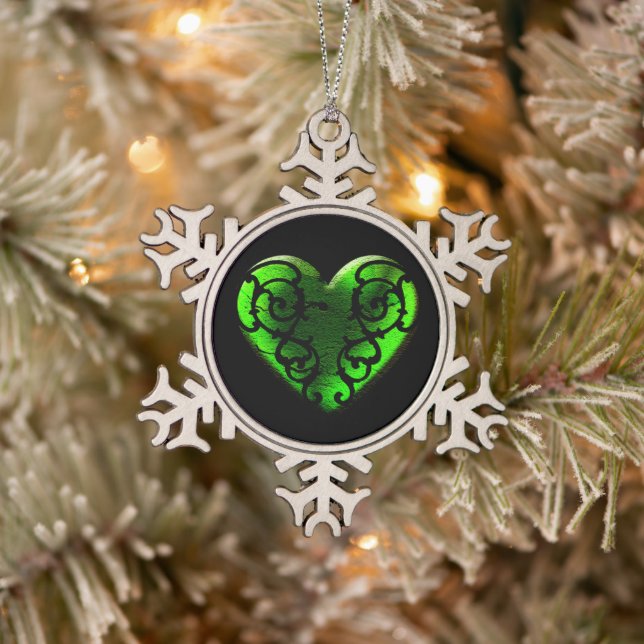 Filigree Goth Green Heart Snowflake Pewter Christmas Ornament (Tree)