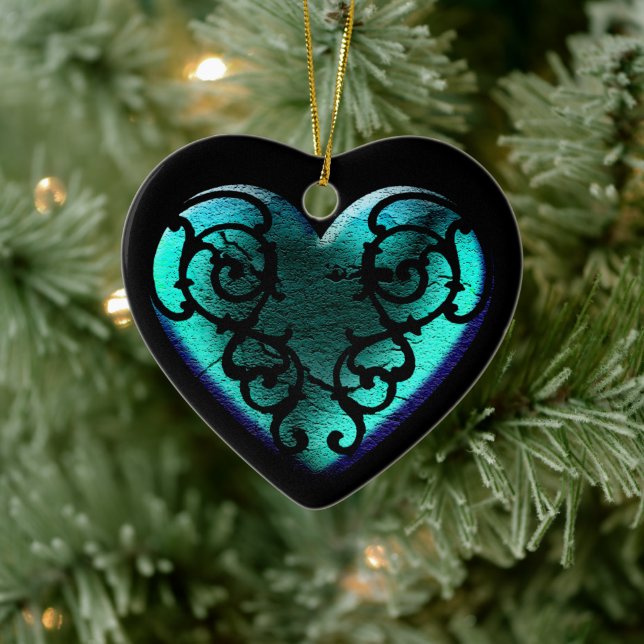 Filigree Goth Ice Blue Heart Ceramic Ornament (Tree)