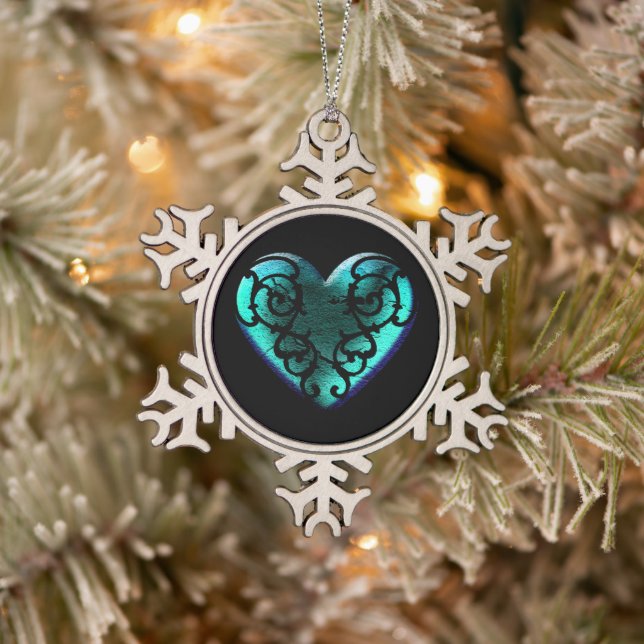 Filigree Goth Ice Blue Heart Snowflake Pewter Christmas Ornament (Tree)