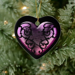 Filigree Goth Pink Heart Ceramic Ornament
