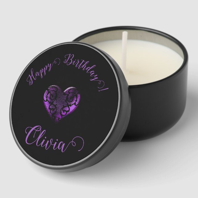 Filigree Goth Purple Heart Personalized Mini Candle Favors (Corner)
