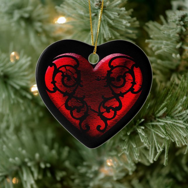 Filigree Goth Red Heart Ceramic Ornament (Tree)