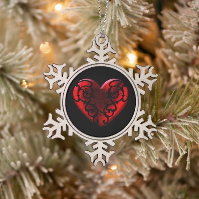 Filigree Goth Red Heart Snowflake Pewter Christmas Ornament (Tree)