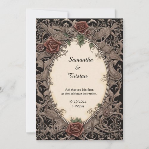 Filigree Leaf Frame and Roses Goth Wedding Invitation