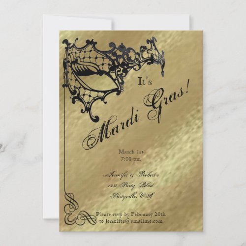 Filigree Mask on Gold Mardi Gras Party Announcement
