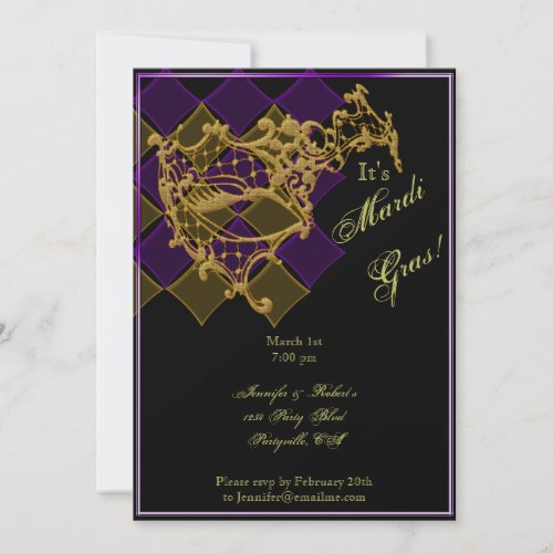 Filigree Mask on Purple and Gold Mardi Gras Party Invitation