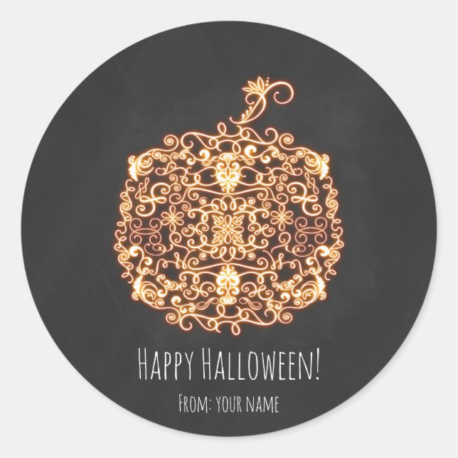 Filigree Orange Glowing Pumpkin Halloween Favor Classic Round Sticker (Front)