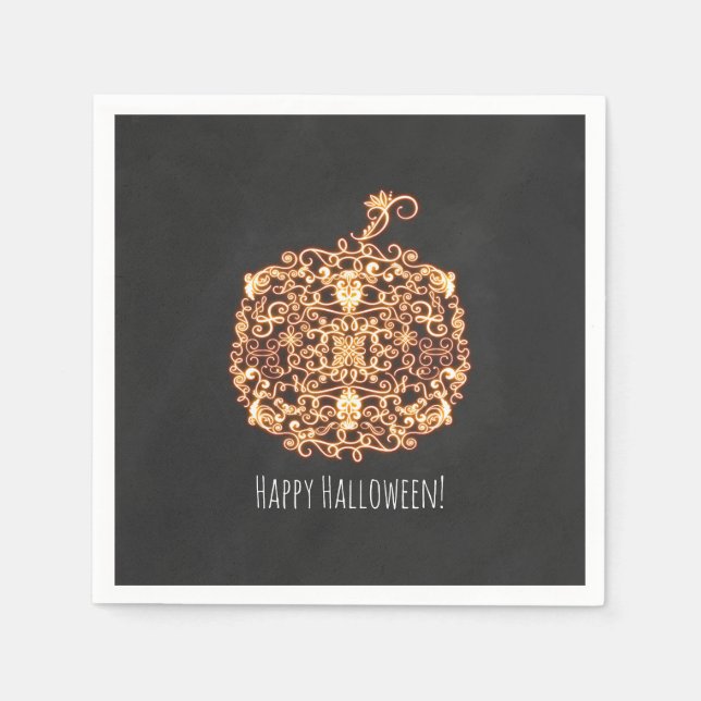 Filigree Orange Glowing Pumpkin Halloween Party Napkins (Front)
