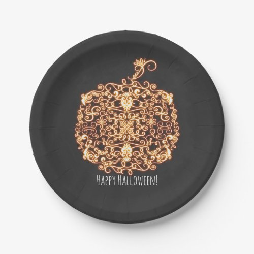 Filigree Orange Glowing Pumpkin Halloween Party Paper Plates