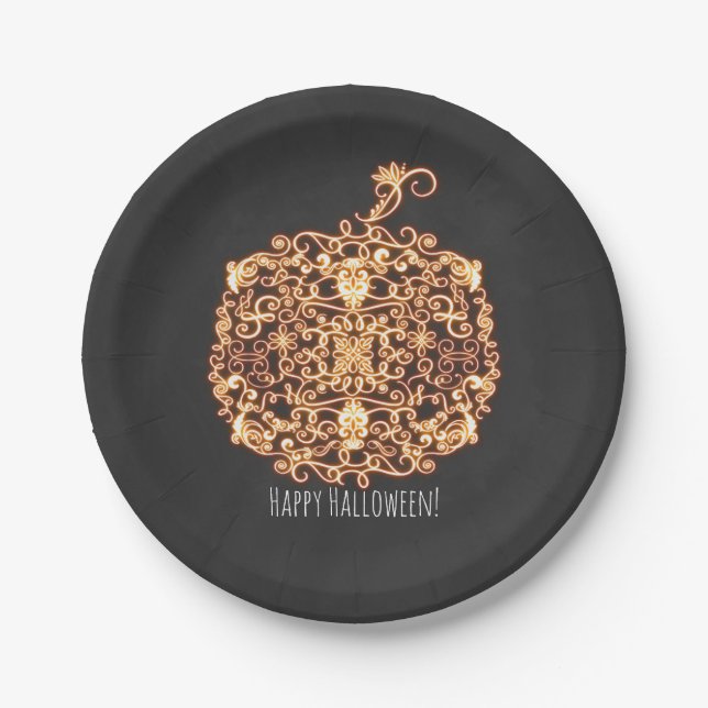 Filigree Orange Glowing Pumpkin Halloween Party Paper Plates (Front)