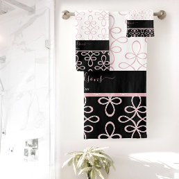 Filigree Pattern Monogram Name Elegant Pink Black Bath Towel Set