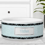 Filigree Pattern Name Blue Pet Bowl<br><div class="desc">Pawsome personalized blue & black Pattern Pet Bowl with a name label. Easily personalize the text. Matching items are available in my store.</div>
