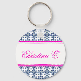 Filigree pink navy custom name bridesmaid key fob
