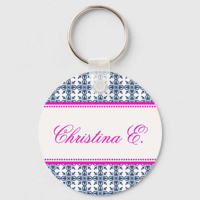 Filigree pink navy custom name bridesmaid key fob (Front)