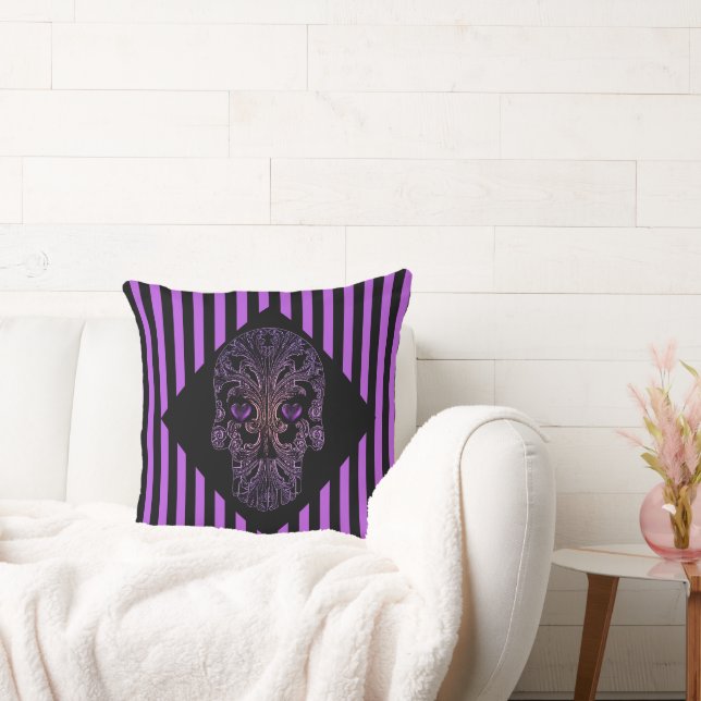 Filigree Skull in Shades of Purple Throw Pillow (Couch)
